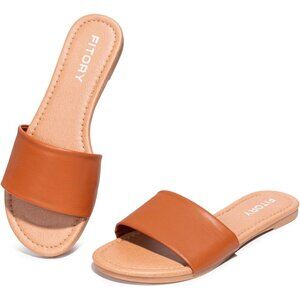 Women's Brown Single Strap Cushioned Footbed Open Toe Slide Sandals Slippers